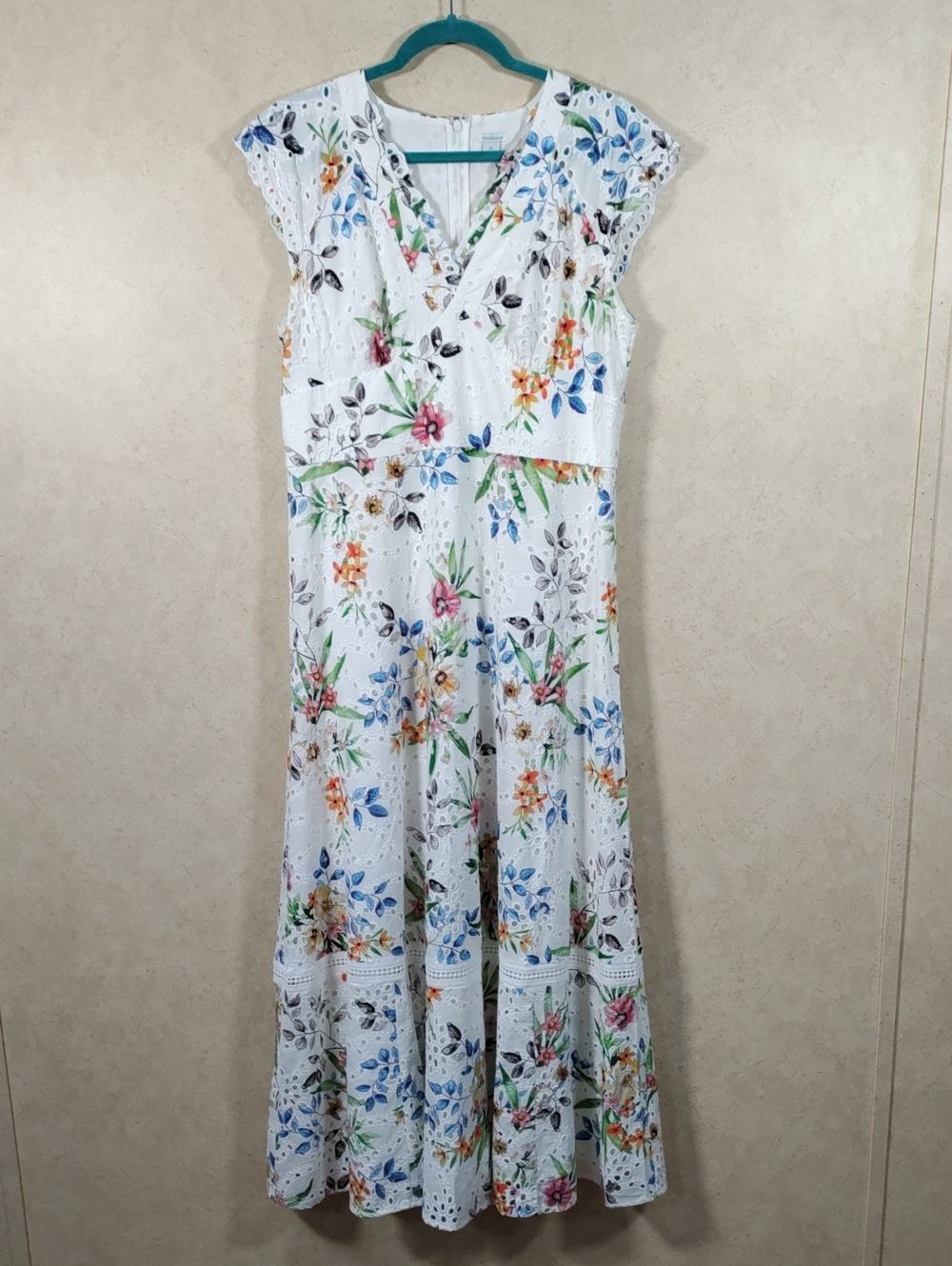 H137 Sundance White Eyelet Maxi Dress with Multicolor Floral Print